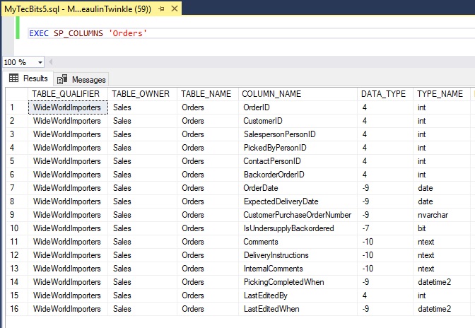 Column Names using SP_COLUMNS