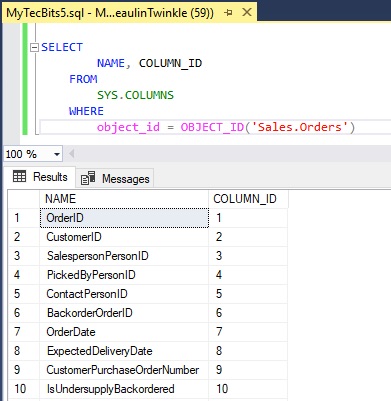 Column Names using SYS.COLUMNS