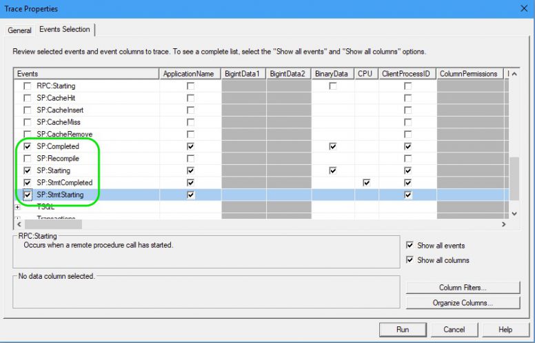 SQL Server Profiler Trace properties Events