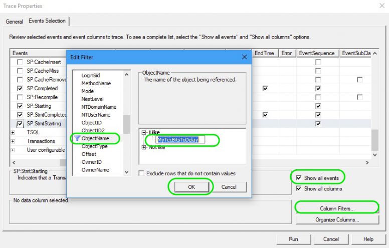 SQL Server Profiler Trace properties Events