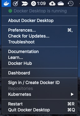 Docker icon and menu at the menu bar
