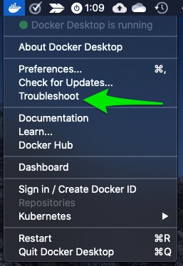 Select Troublshoot from Docker icon menu