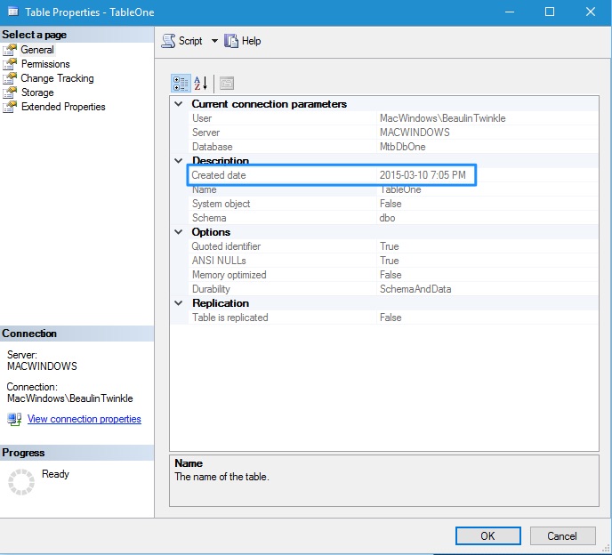 MS SQL Table Creation Date