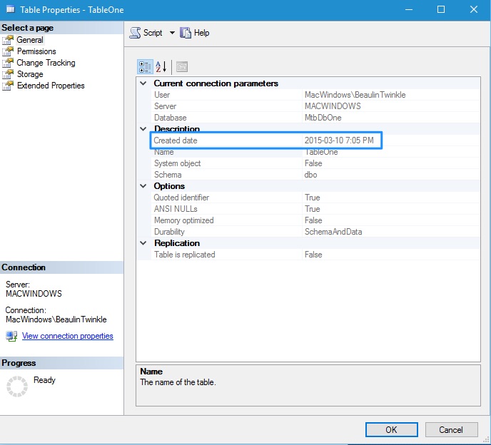 MS SQL Table Creation Date