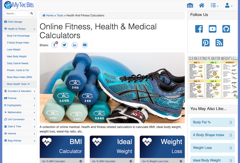 MyTecBits Online Fitness Calculators