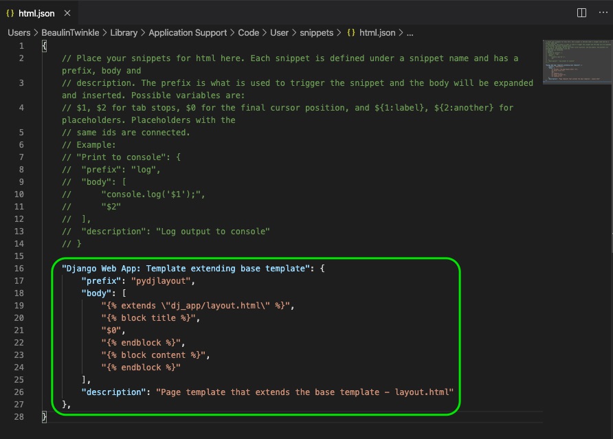 Creating code snippet for Python Django web app in VS Code
