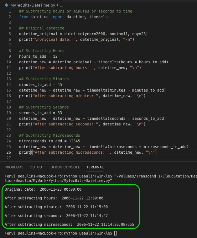 Subtracting hours or minutes or seconds from datetime in Python