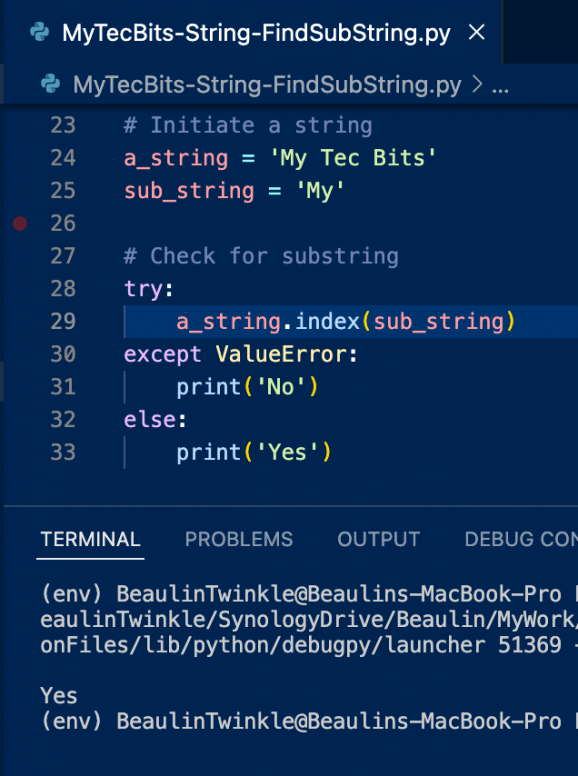 Find substring in a string using string.index()