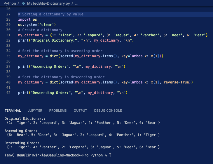 Sort a dictionary by its value in python