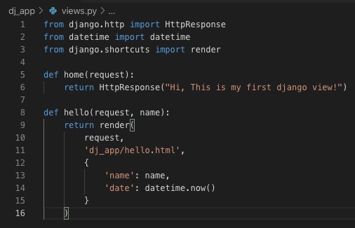 Content in views.py file after adding hello view
