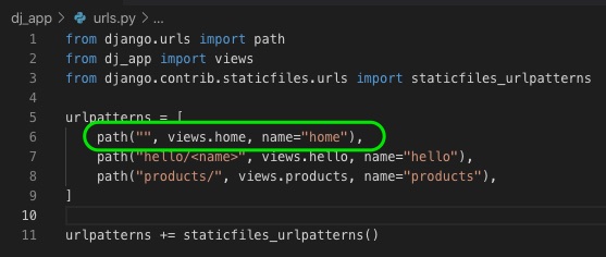 url route for home view in app's urls.py
