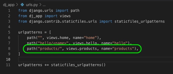 url route for products page in app's urls.py