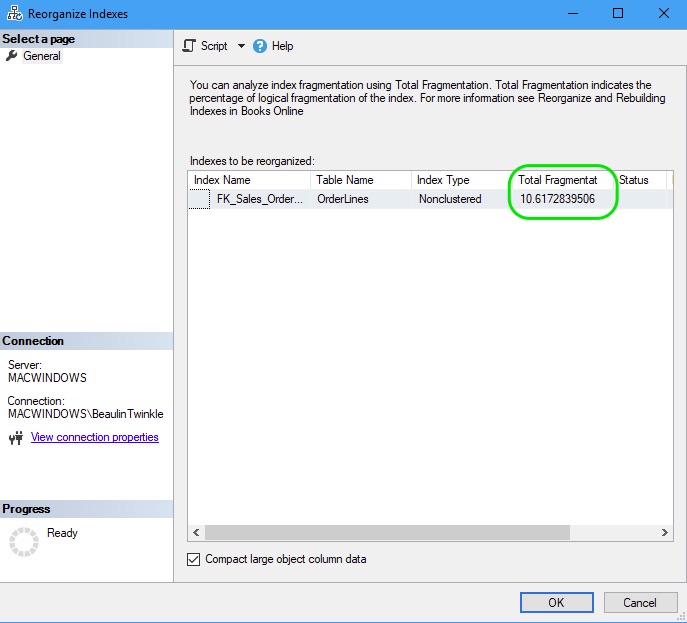 Reduce Index Fragmentation - Reorganize Indexes popup window