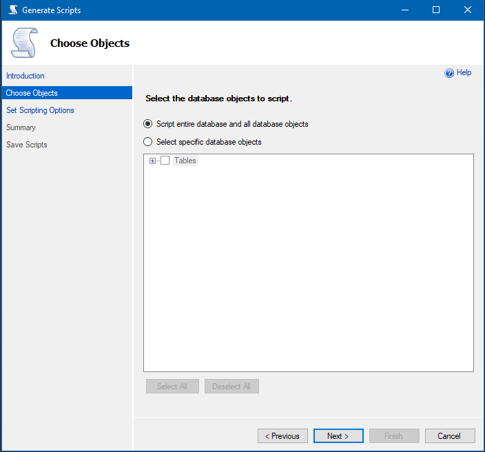 Database script backup database or table selection screen