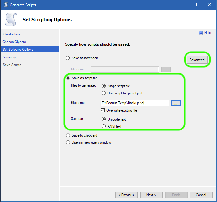 Database script backup selection screen