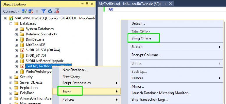 SQL Server Bringing Database Online 01