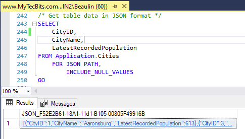 Get the data from a table in JSON format