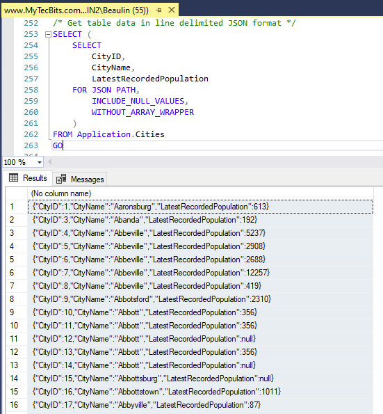 Exporting line-delimited JSON format