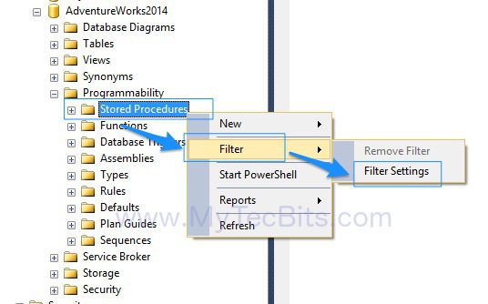 SQL Find Stored Procedure Using Filter Settings