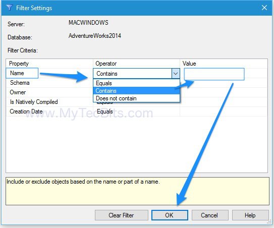 SQL Find Stored Procedure Using Filter Settings