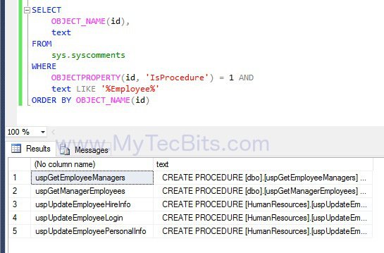 SQL Dind Stored procedure Containing Text