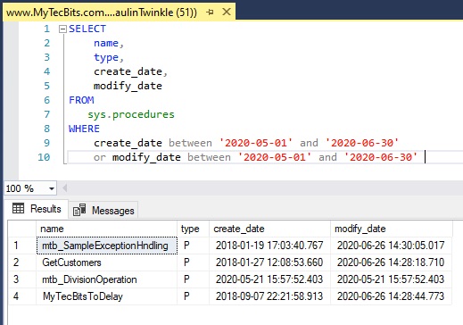Finding the stored procedures created or modified during a given date range in SQL Server
