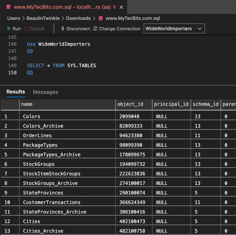 List Of All Tables In A Database using SYS.TABLES