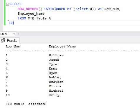 SQL Row Number Without Using Order By