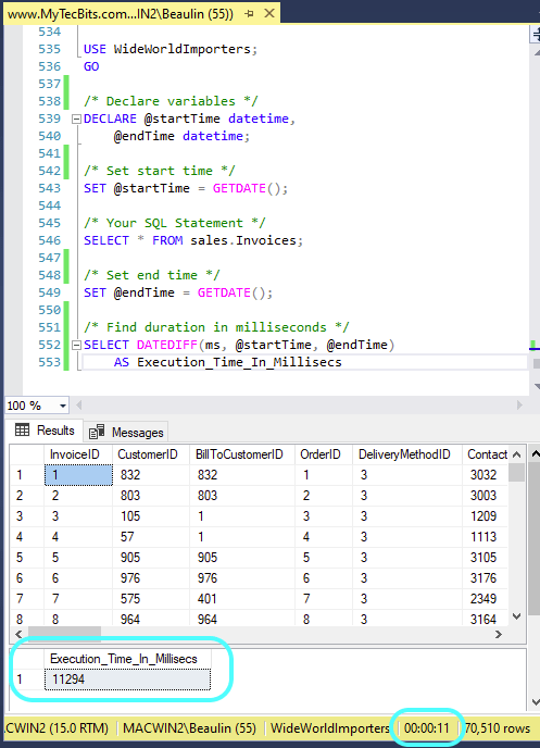 How to get execution time in milliseconds in SQL Server Management Studio?