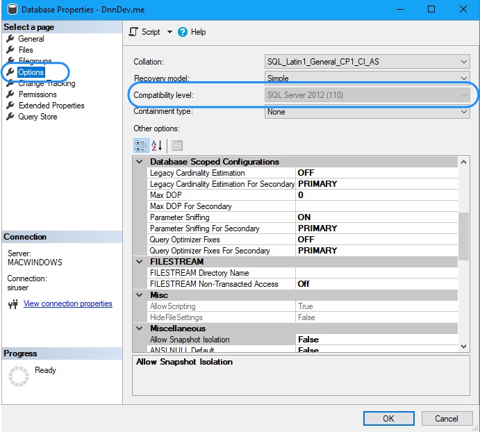 SQL Server Compatibility Level Disabled