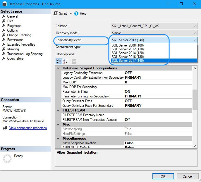 SQL Server Compatibility Level Enabled