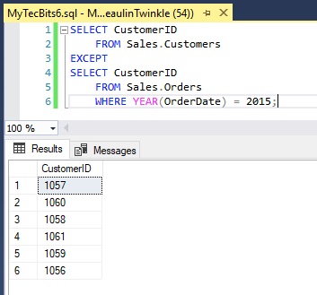 Get records from one table which are not present in another table using EXCEPT