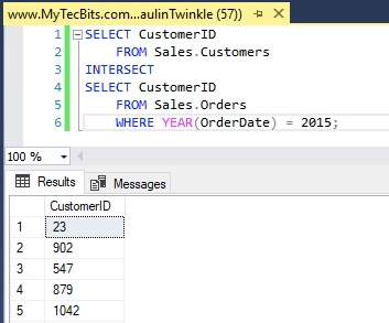 Get only the common records from two tables using INTERSECT