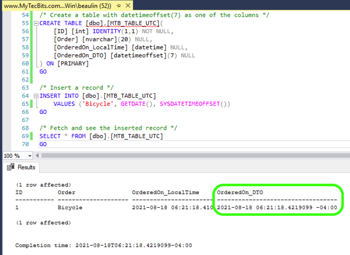 Using UTC DateTime - DATETIMEOFFSET