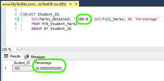 Calculate percentage in decimal in an SQL statement.