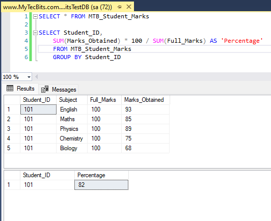 Calculate percentage with a SQL statement.
