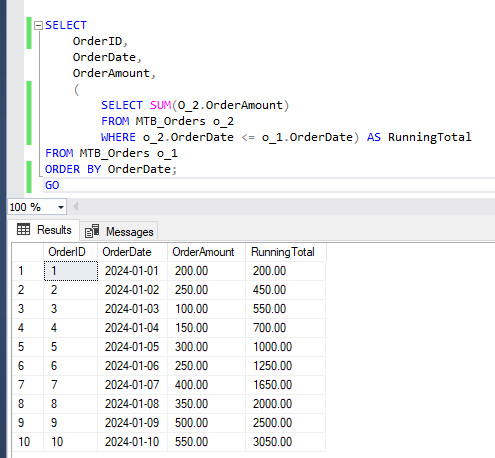 Calculate running total using correlated sub query