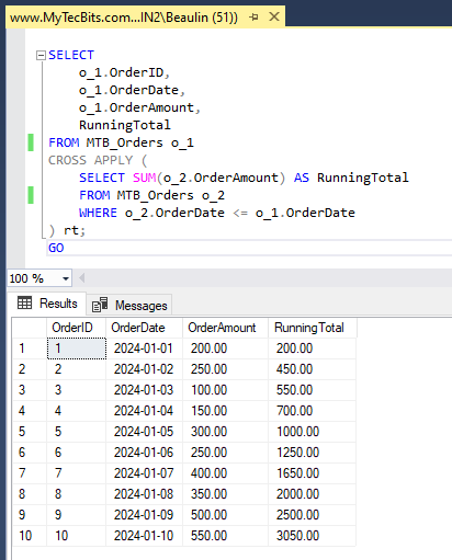 Calculate running total using cross apply