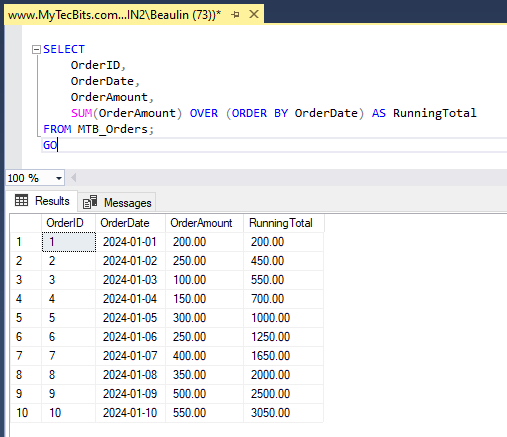 Calculate running total using window function