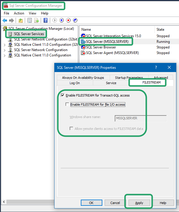 Enable FILESTREAM in SQL Server