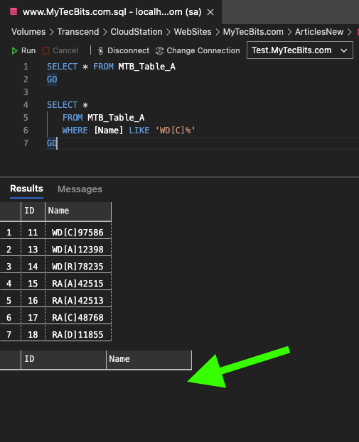 SQL escape square brackets in like clause - Problem