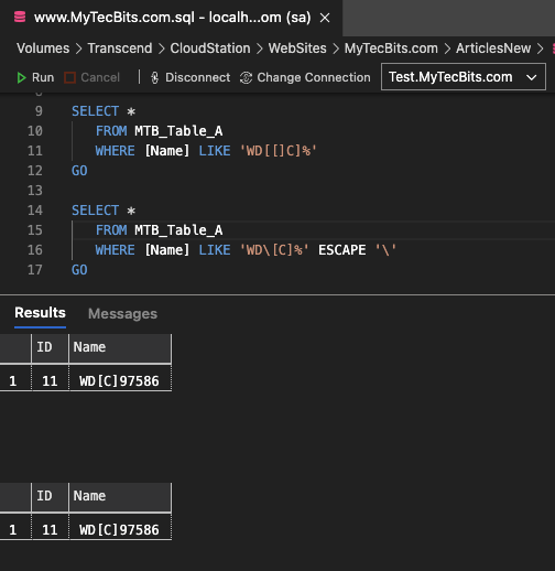 SQL escape square brackets in like clause - Solution