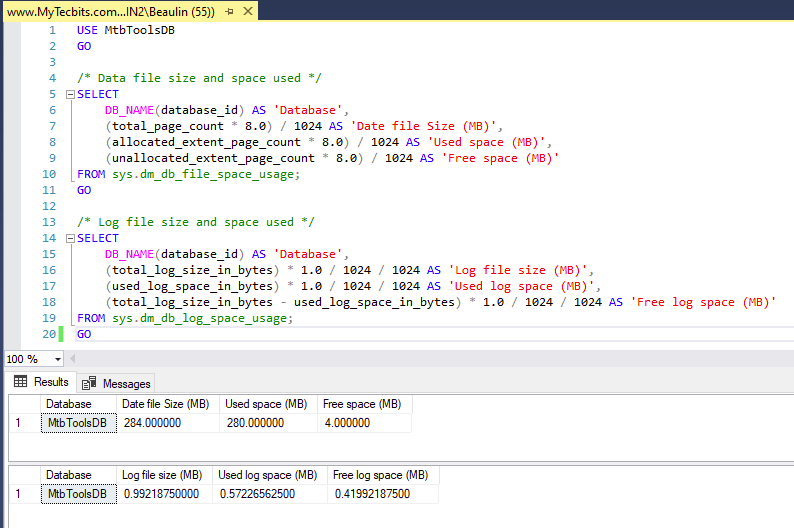 How to get the data and log file sizes for a specific database in SQL Server?