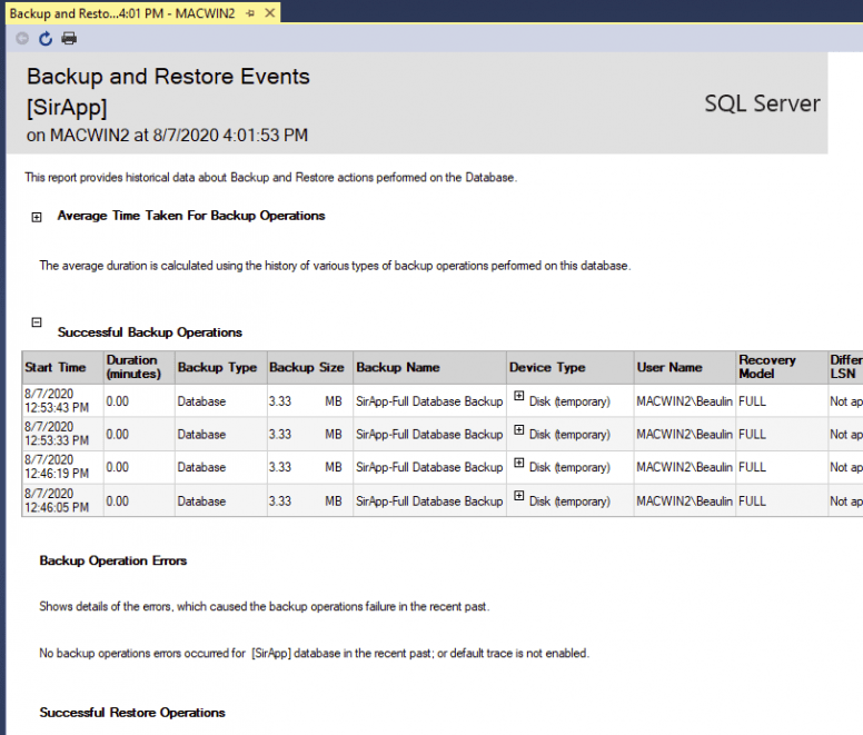 backup and restore events report