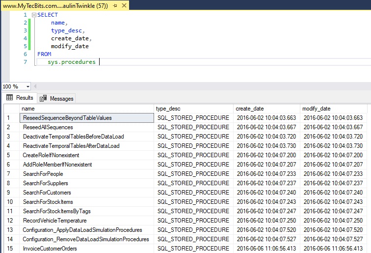 list of all stored procedures using sys.procedures