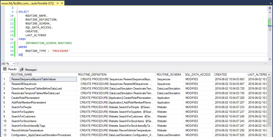 List of all stored procedures using ROUTINES