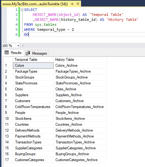 list of temporal tables in SQL Server DB