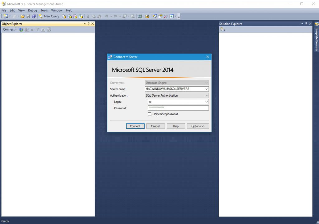 SQL Server Management Studio Login Screen