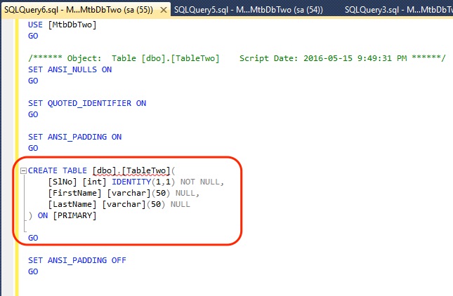 SSMS Script Table Create Result