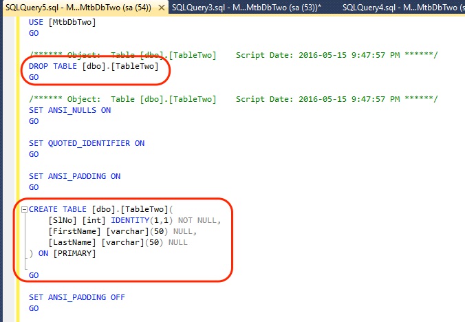 SSMS Script Table Drop And Create Result